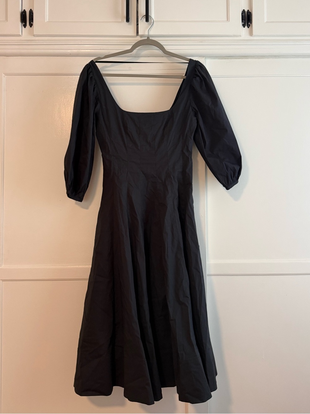 STAUD - Black Puff Sleeve Square Neck Midi “Swells” Dress
